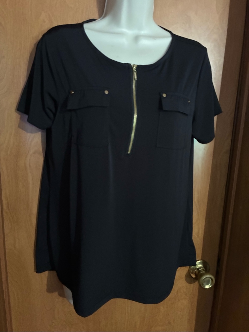 Black Short-Sleeve Zip Front Pocket Top - Women
